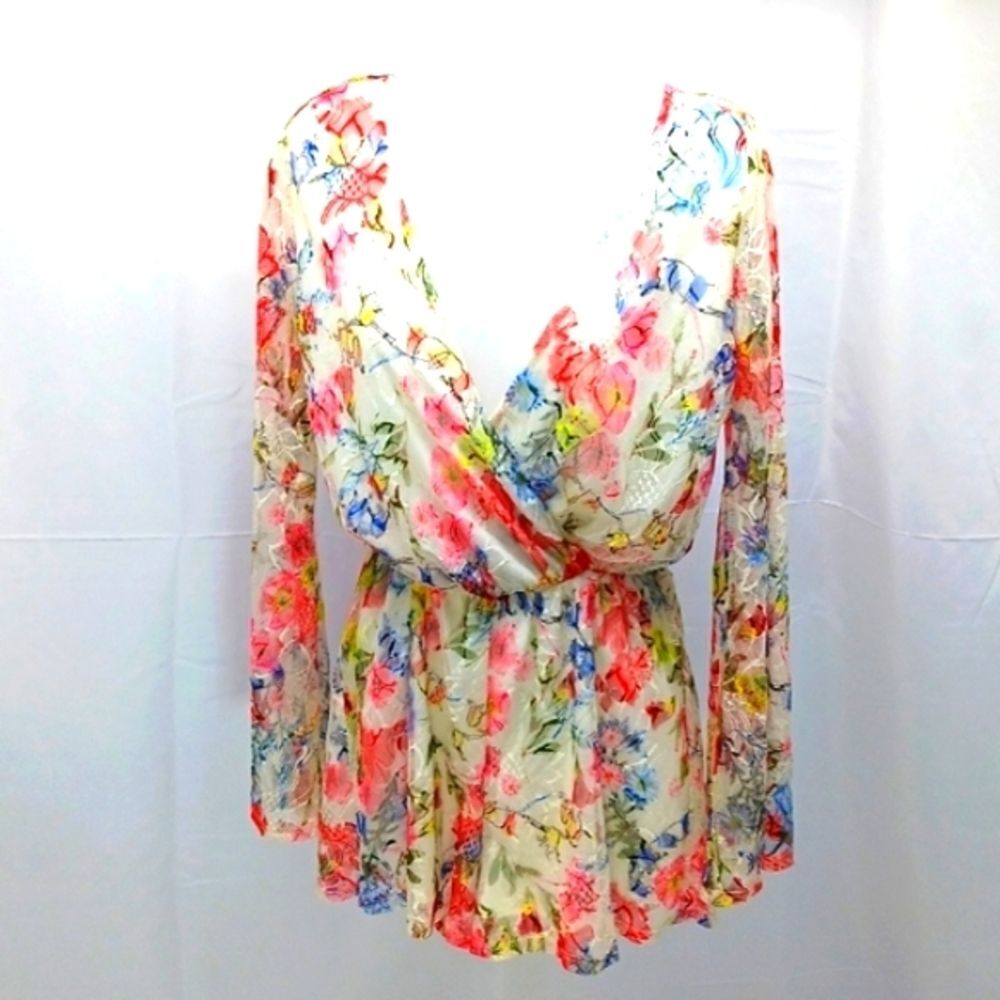 Pink Owl Long Sleeve Romper Vibrant Multi-Colored Floral Pattern Boho Medium